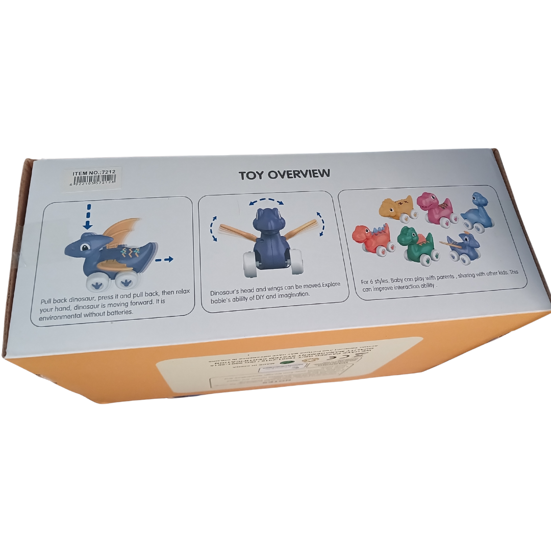 Six colorful toddler dinosaur pull-back toy cars arranged in a row against a black background, featuring a pink T-rex, blue brontosaurus, and peach triceratops with white wheels.