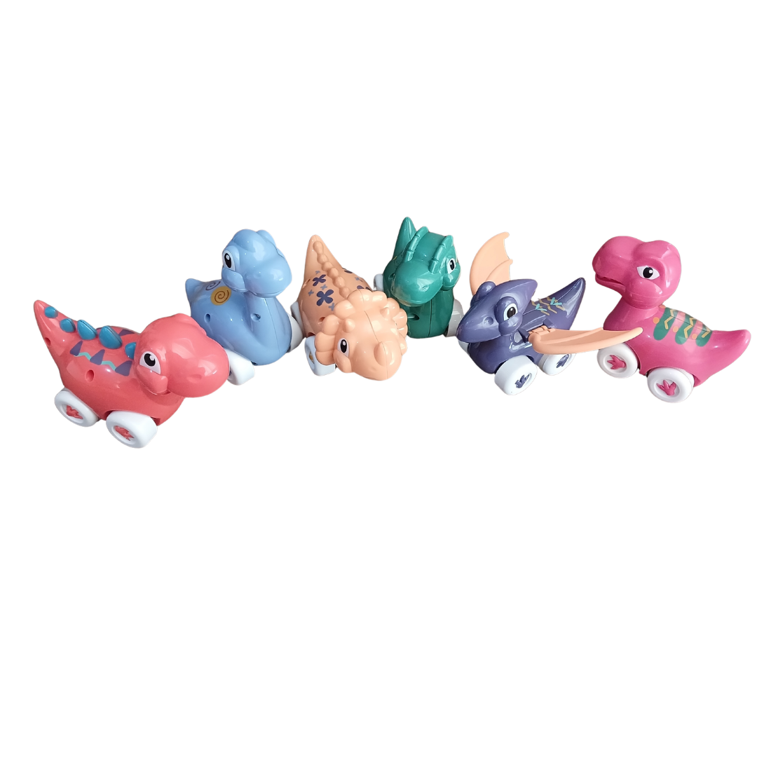 Six colorful toddler dinosaur pull-back toy cars arranged in a row against a black background, featuring a pink T-rex, blue brontosaurus, and peach triceratops with white wheels.
