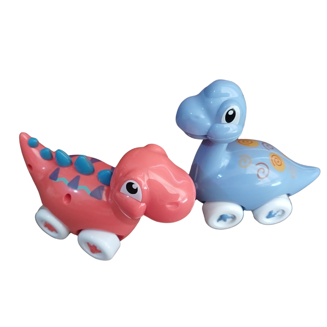 Six colorful toddler dinosaur pull-back toy cars arranged in a row against a black background, featuring a pink T-rex, blue brontosaurus, and peach triceratops with white wheels.
