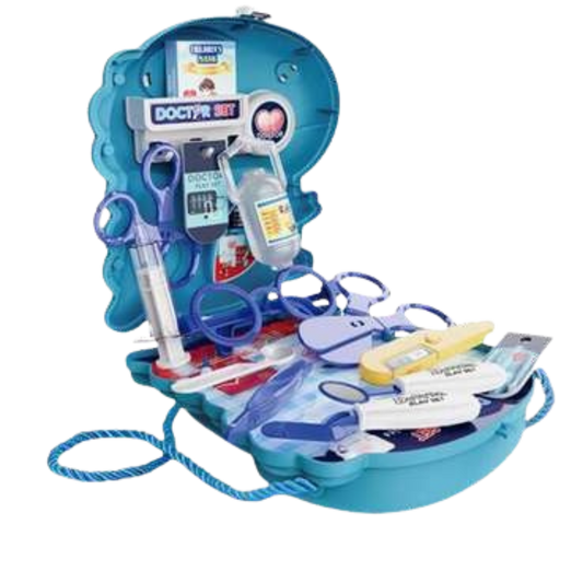 Toy doctor's kit with various medical tools in a blue case on a white background