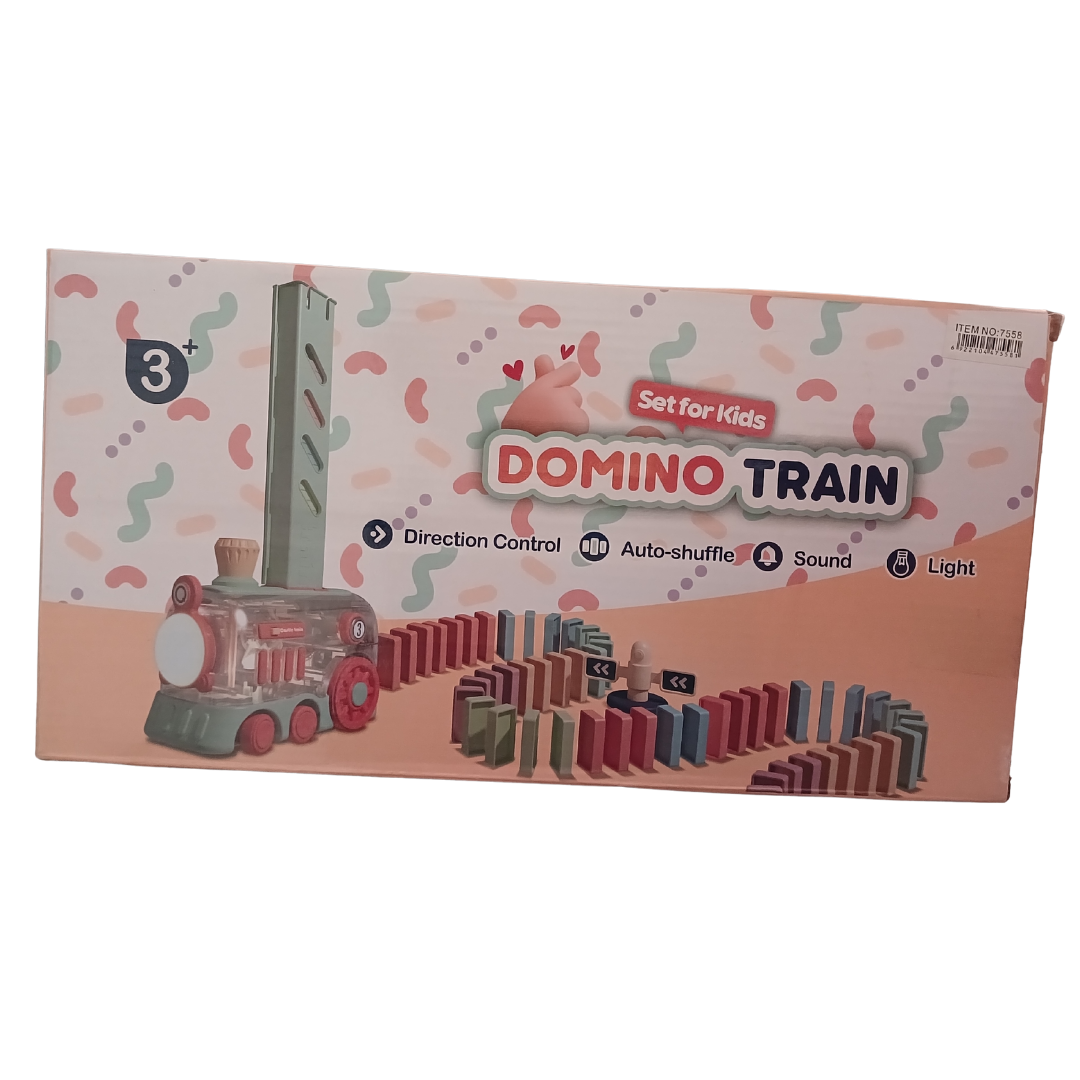Box of Domino Train set for kids with toy train and dominoes on a colorful background
