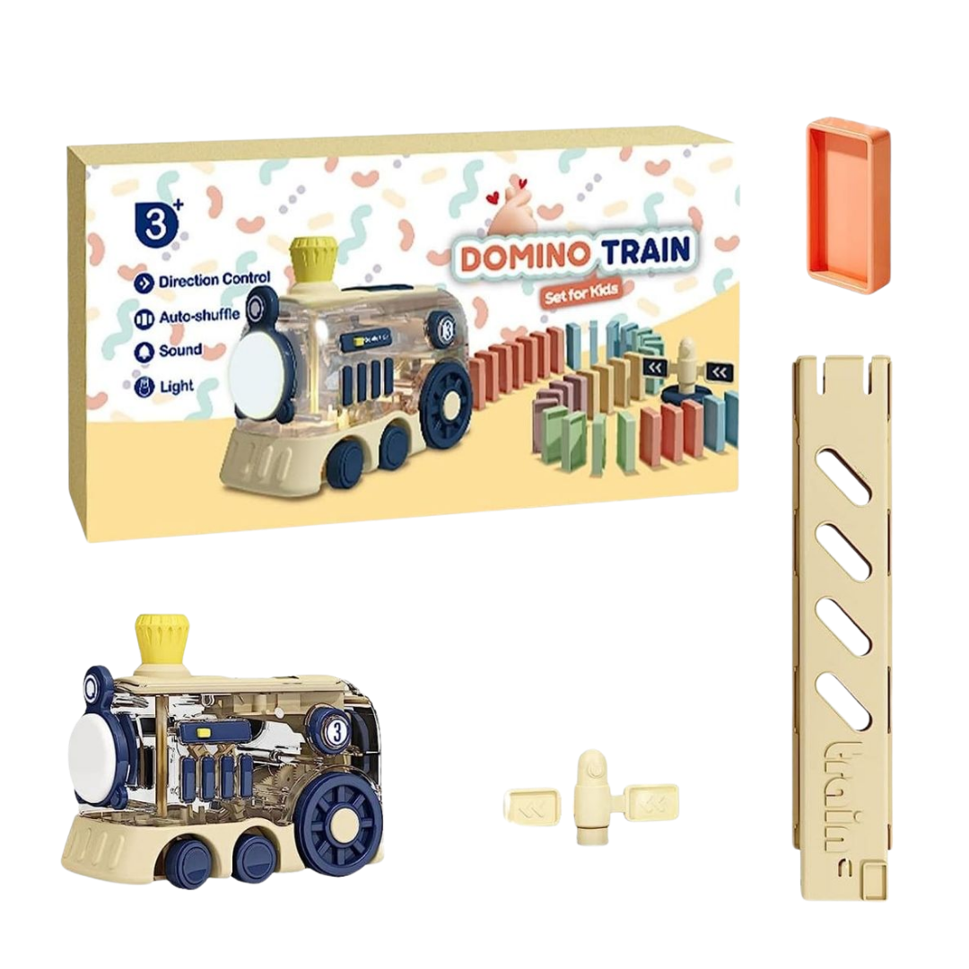 A Domino Train Set box showing the clear motorized train, a track of colorful dominoes, and components for ages 3 and up, featuring Direction Control, Auto-shuffle, Sound, and Light.