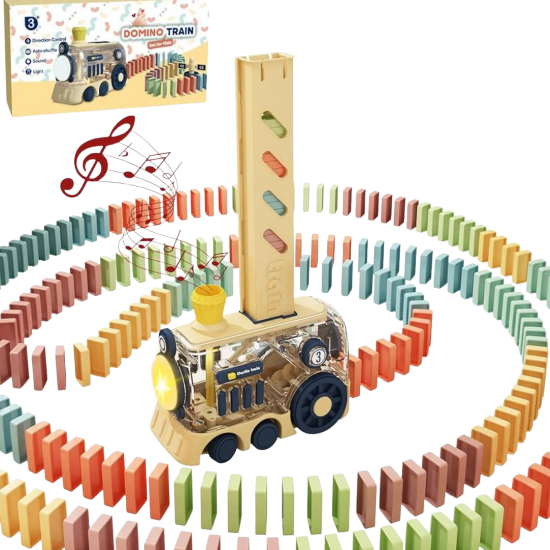 Colorful domino train set with a steam engine and musical notes on a white background