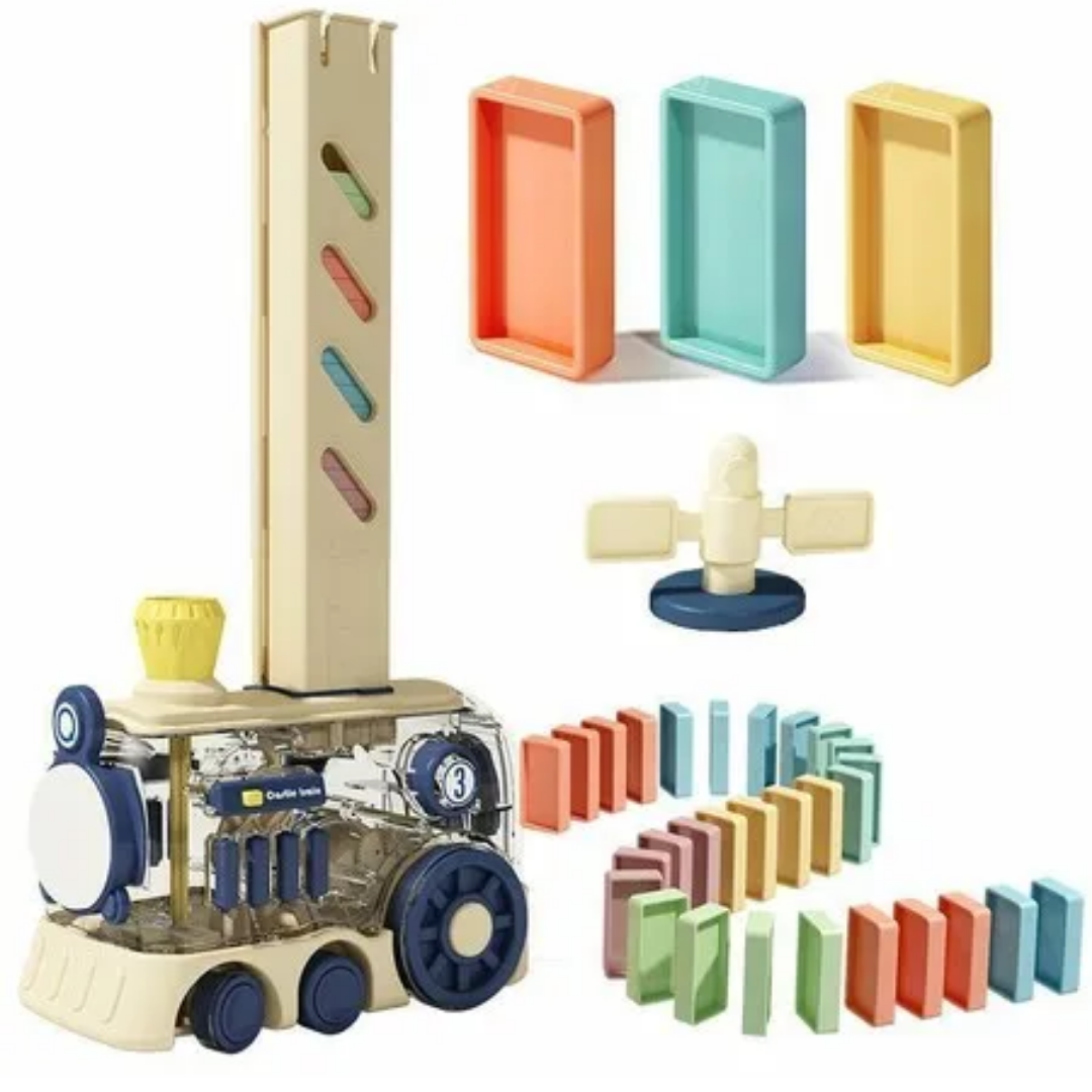 A Domino Train Set box showing the clear motorized train, a track of colorful dominoes, and components for ages 3 and up, featuring Direction Control, Auto-shuffle, Sound, and Light.