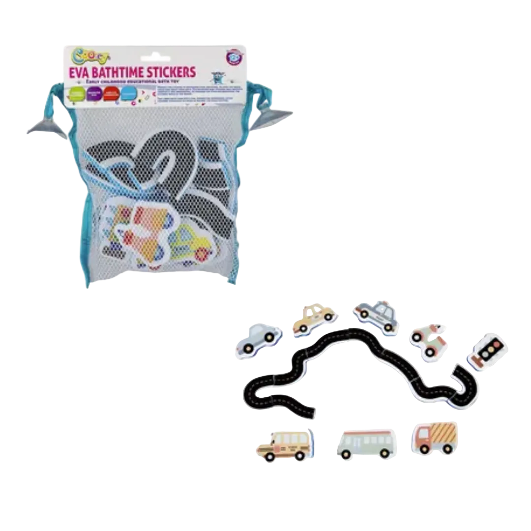 Cooey EVA Bathtime Stickers packaged in a white mesh net attached to a cardboard header card, showing a purple toy car piece, a curved road track piece, and a traffic light piece lying on a wooden surface below.