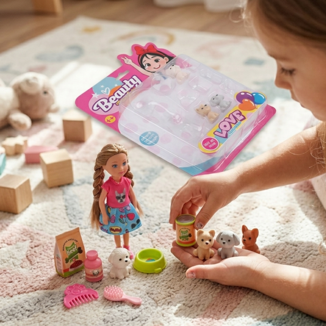 A small-scale doll and four tiny puppy figures with miniature pet care accessories