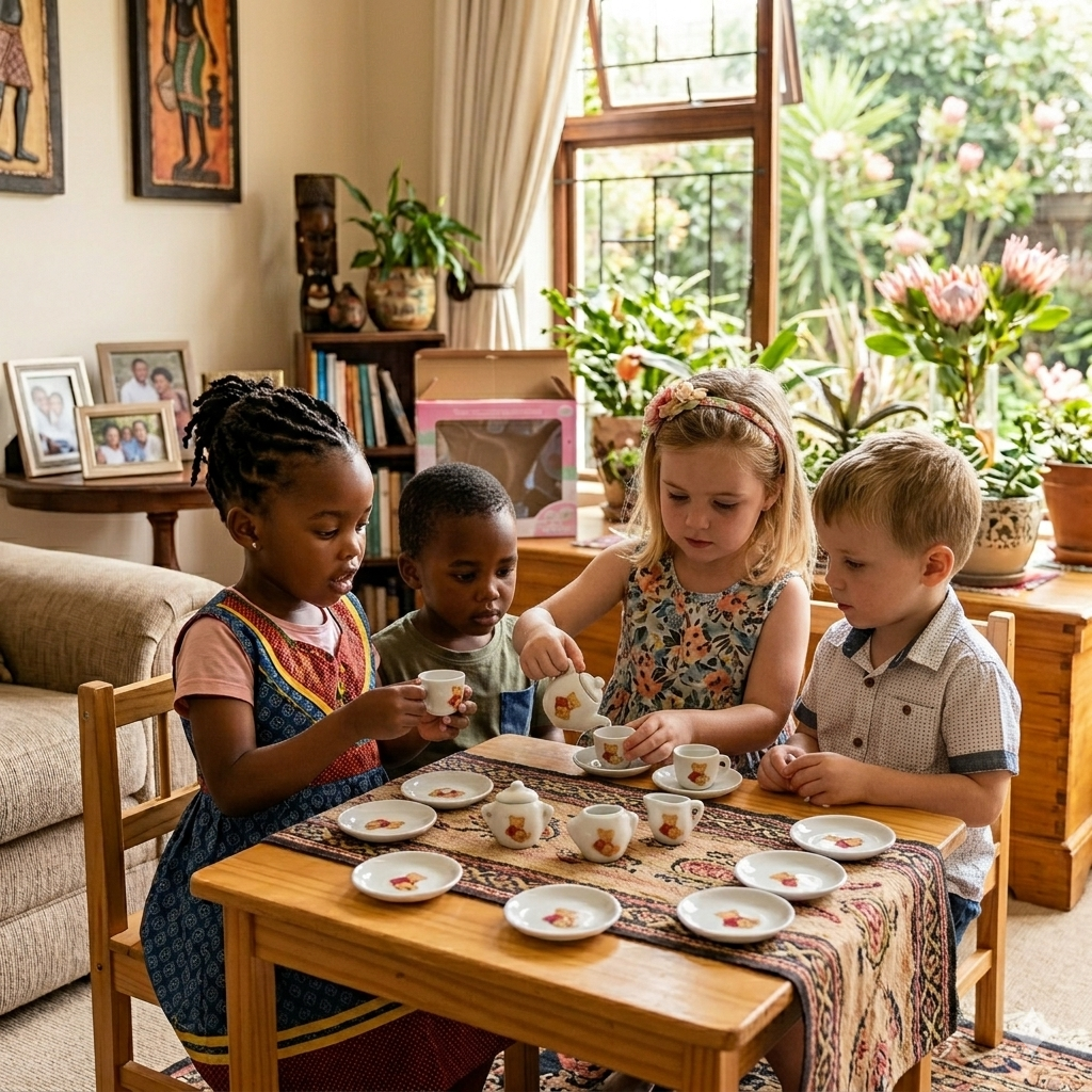 Children playing a tea party game at a wooden table in a cozy living room.