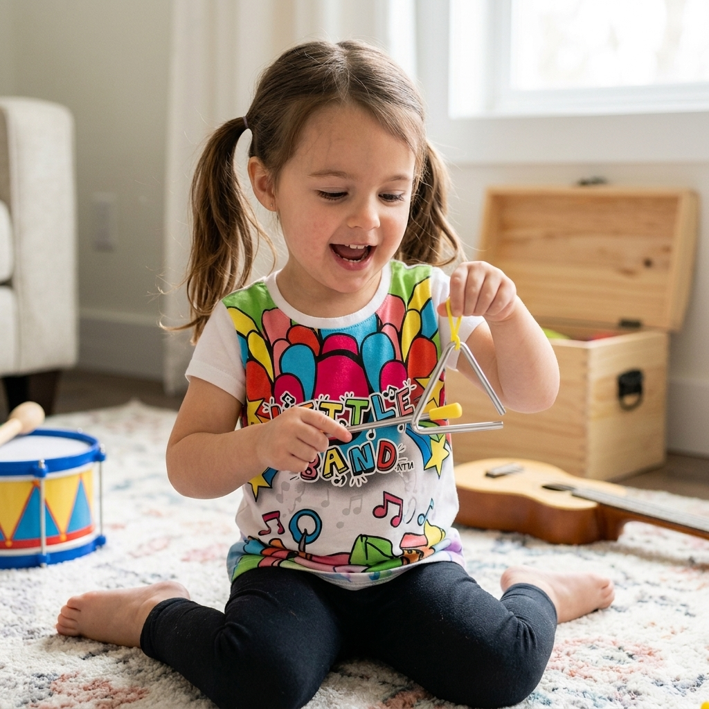 A silver metal musical triangle with a yellow-tipped striker and hanging loop for kids