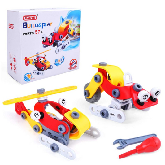 Toy construction set with helicopter and vehicle models, including a box labeled 'Build & Play' 
