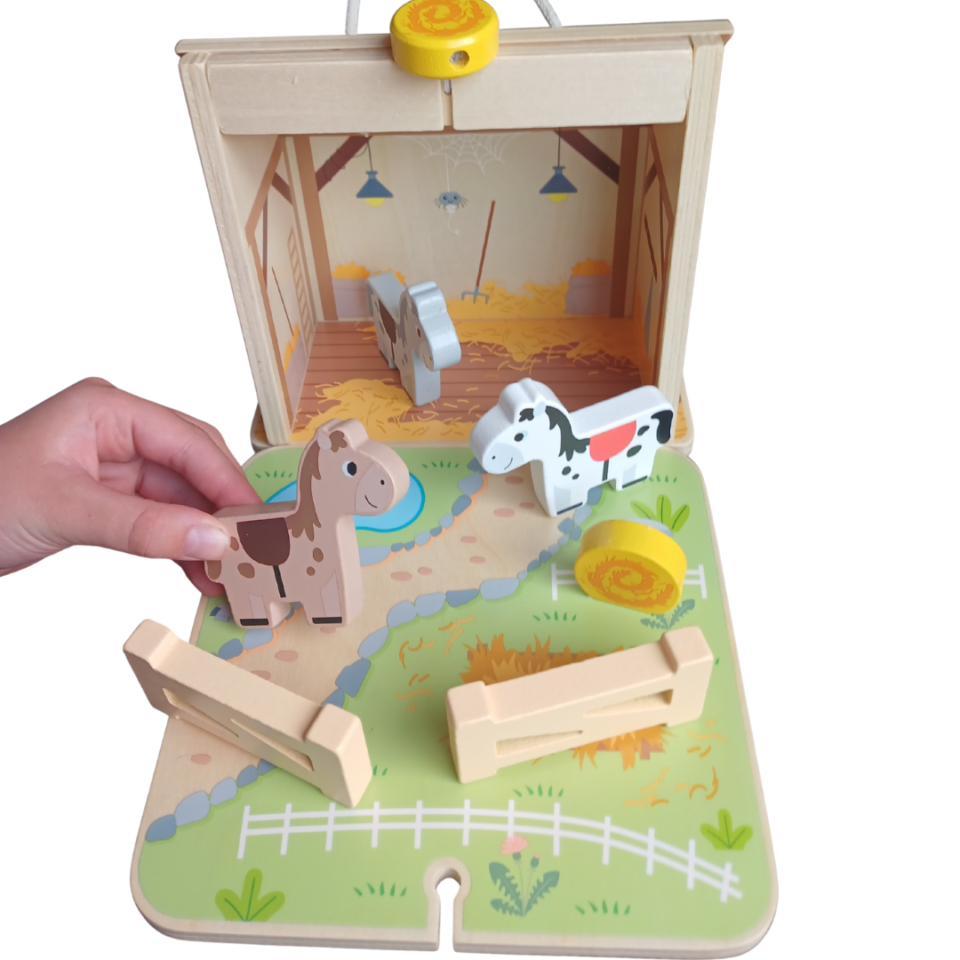 Hi Pando Foldable Wooden Horse Farm Playset