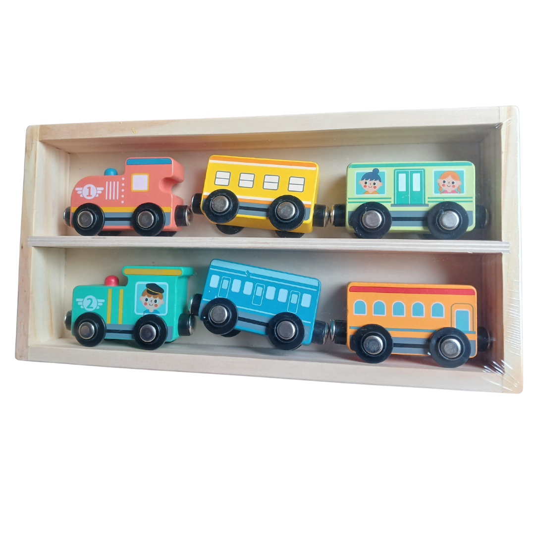 Set of colorful wooden magnetic toy trains in a display case