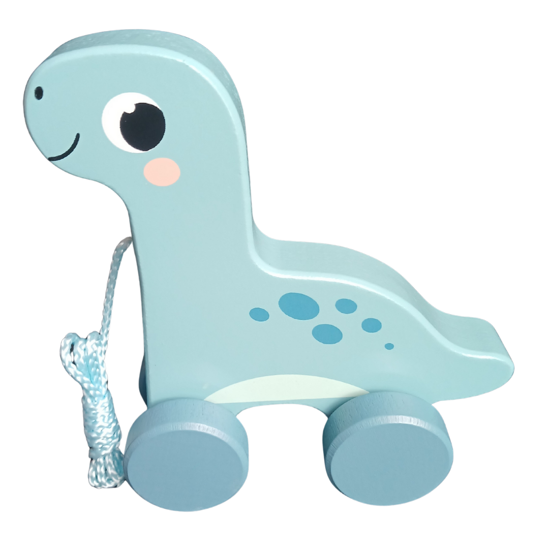 Blue wooden dinosaur pull-along toy
