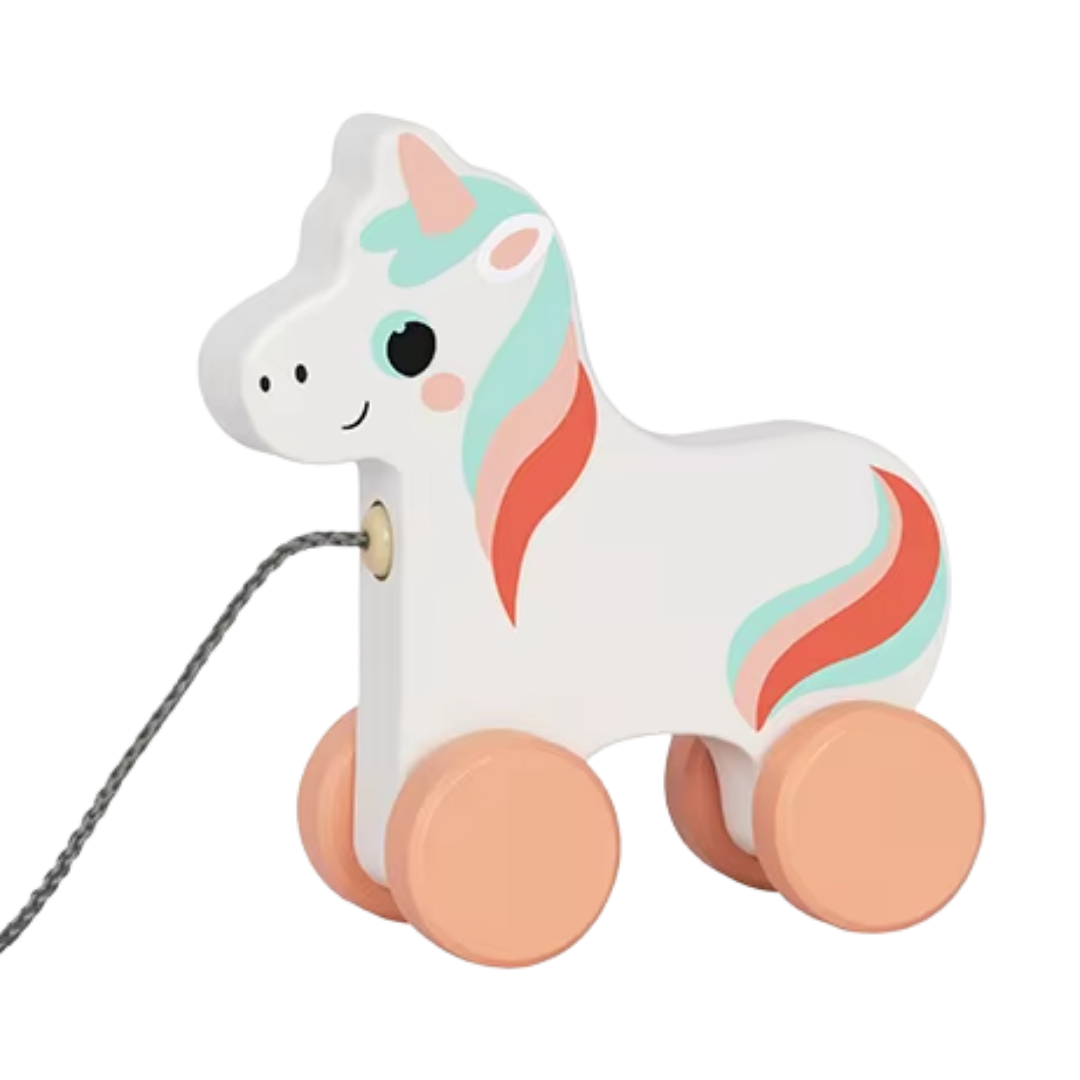White wooden unicorn pull-along toy with pink mane