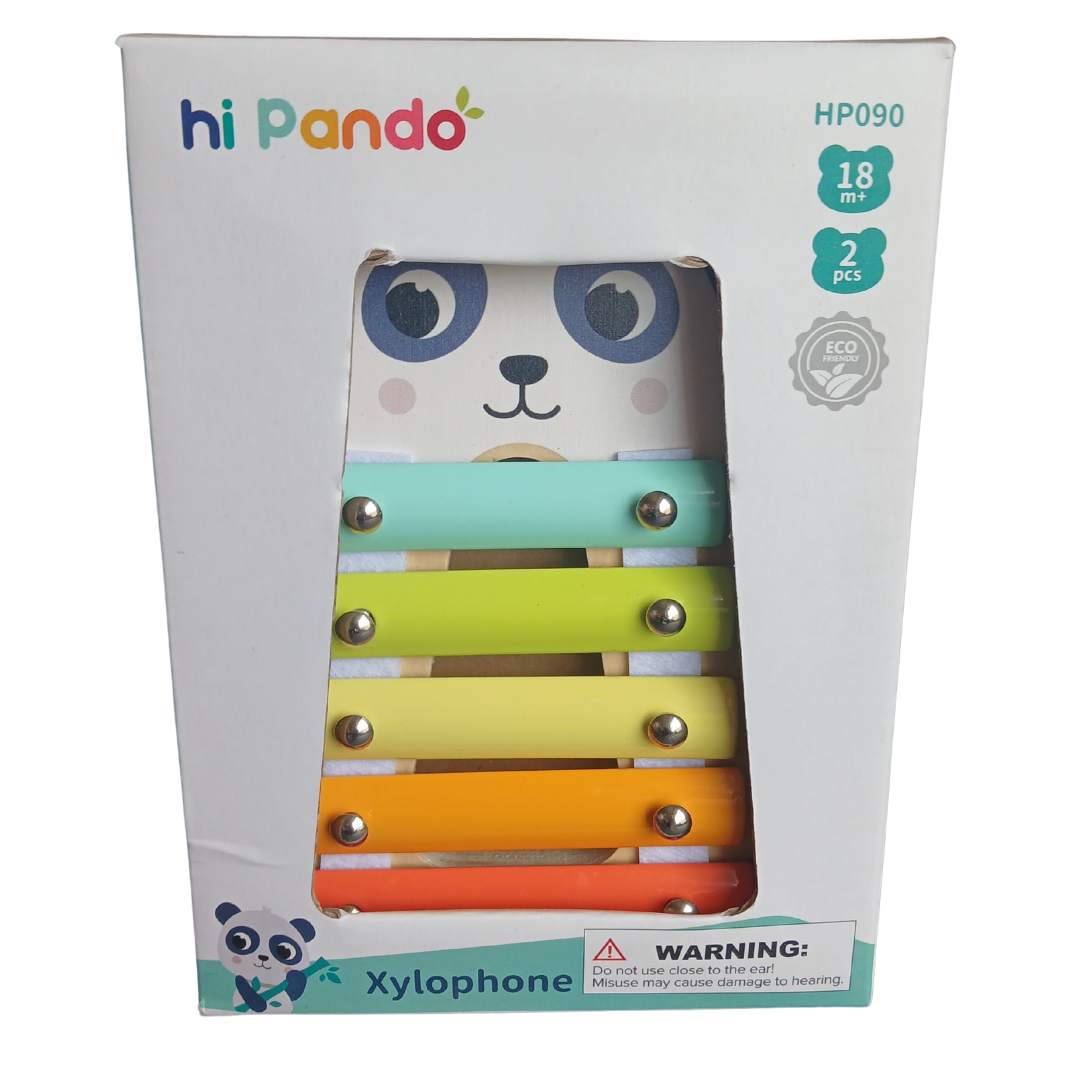 Panda-themed xylophone toy packaging with 'hi Pando' branding
