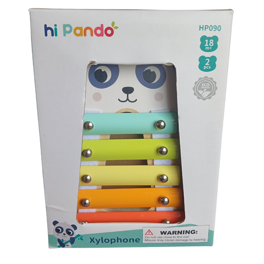 Panda-themed xylophone toy packaging with 'hi Pando' branding