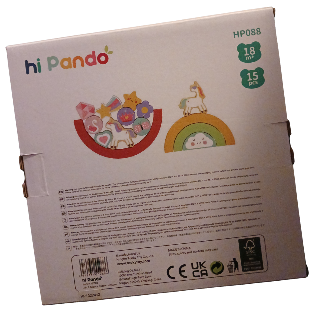 Hi Pando wooden 2-in-1 Balance Puzzle in Unicorn theme, 15 pieces for ages 18 months and up.