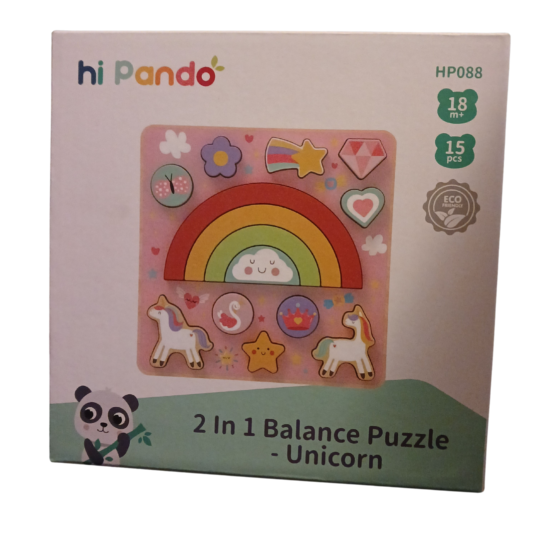Hi Pando 2 In 1 wooden puzzle and balance toy featuring a rainbow, two unicorns, a heart, and a star. For toddlers 18 months plus.
