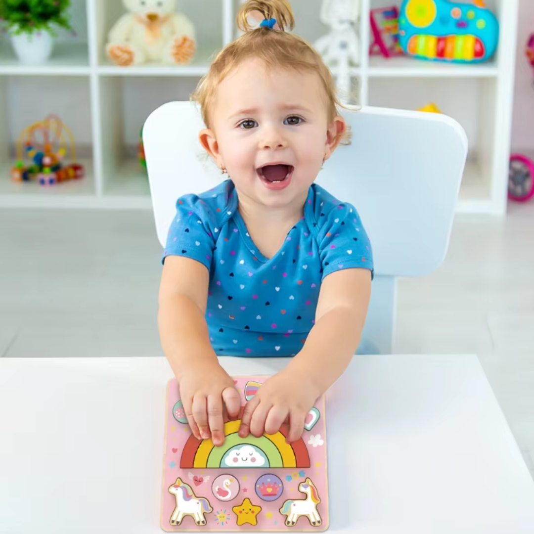 Hi Pando wooden 2-in-1 Balance Puzzle in Unicorn theme, 15 pieces for ages 18 months and up.