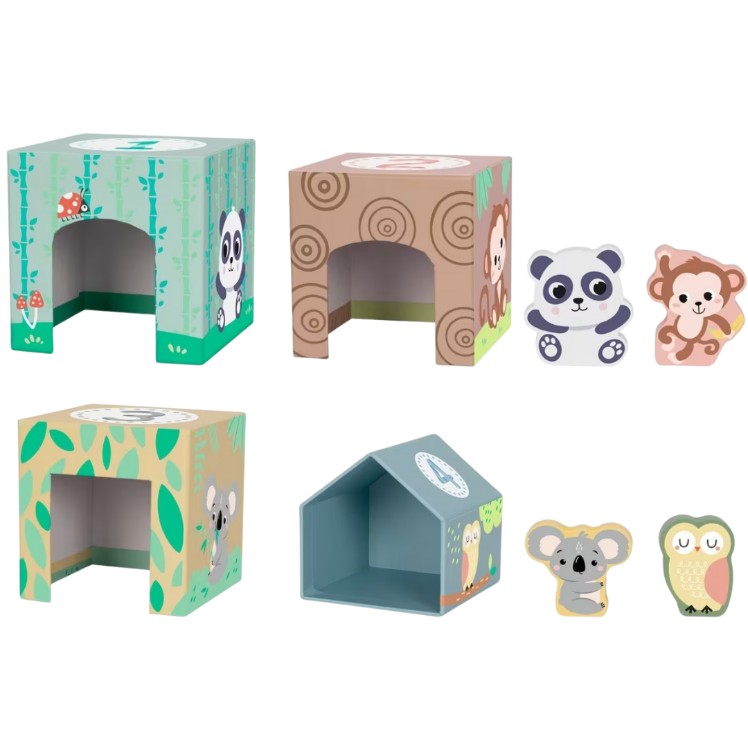 Four colorful animal themed nesting boxes stacked into a tower with a wooden panda, monkey, owl, and koala figure.