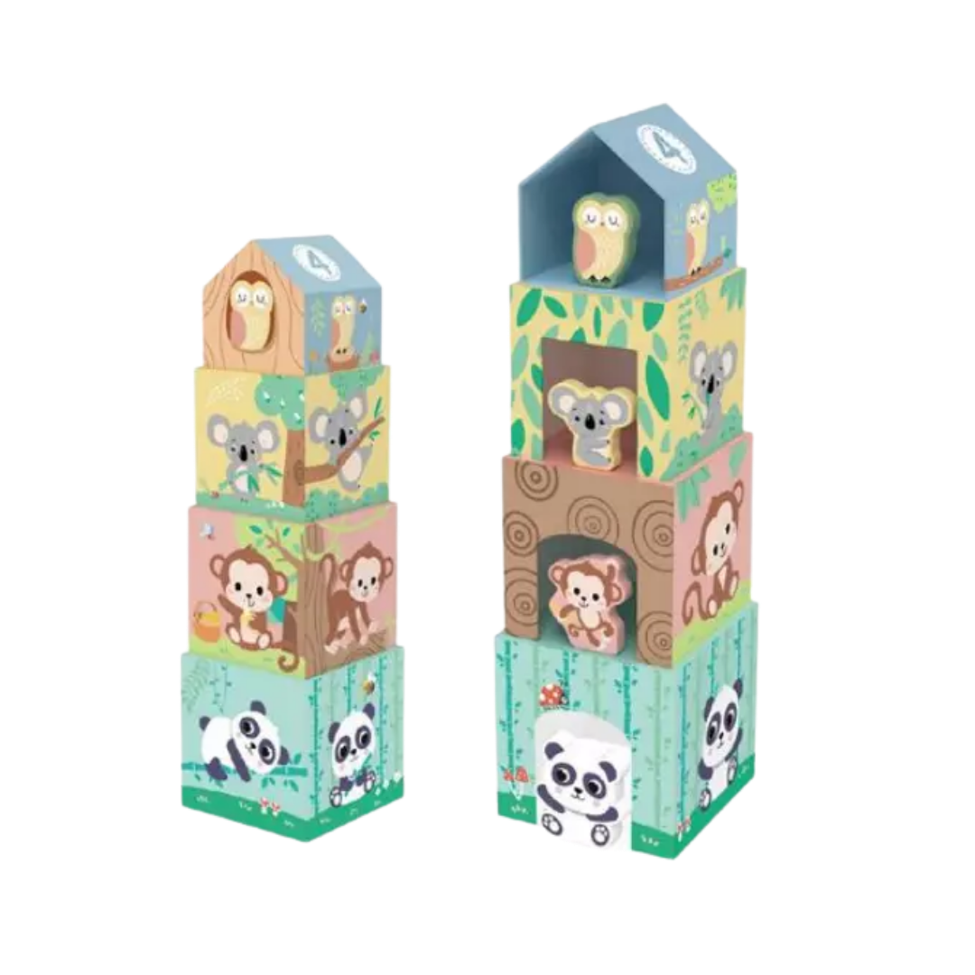 Four colorful animal themed nesting boxes stacked into a tower with a wooden panda, monkey, owl, and koala figure.