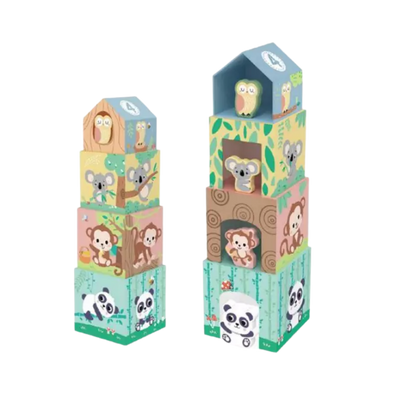 Four colorful animal themed nesting boxes stacked into a tower with a wooden panda, monkey, owl, and koala figure.