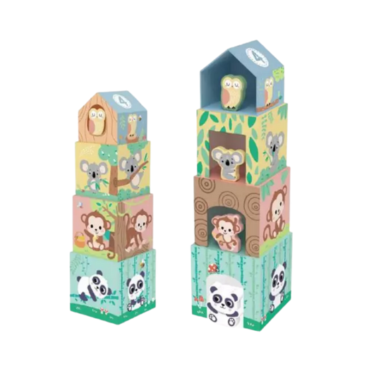 Four colorful animal themed nesting boxes stacked into a tower with a wooden panda, monkey, owl, and koala figure.