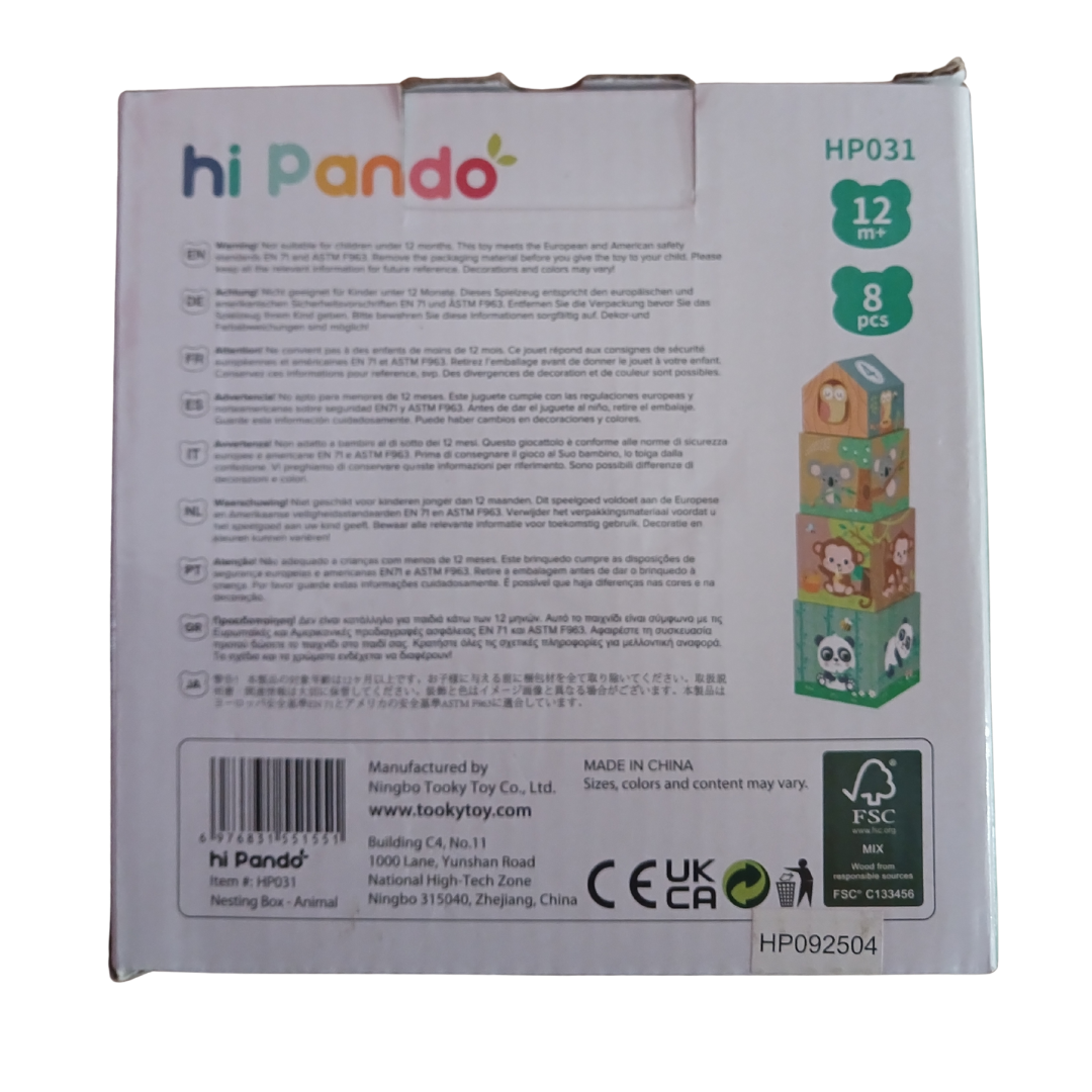Four colorful animal themed nesting boxes stacked into a tower with a wooden panda, monkey, owl, and koala figure.