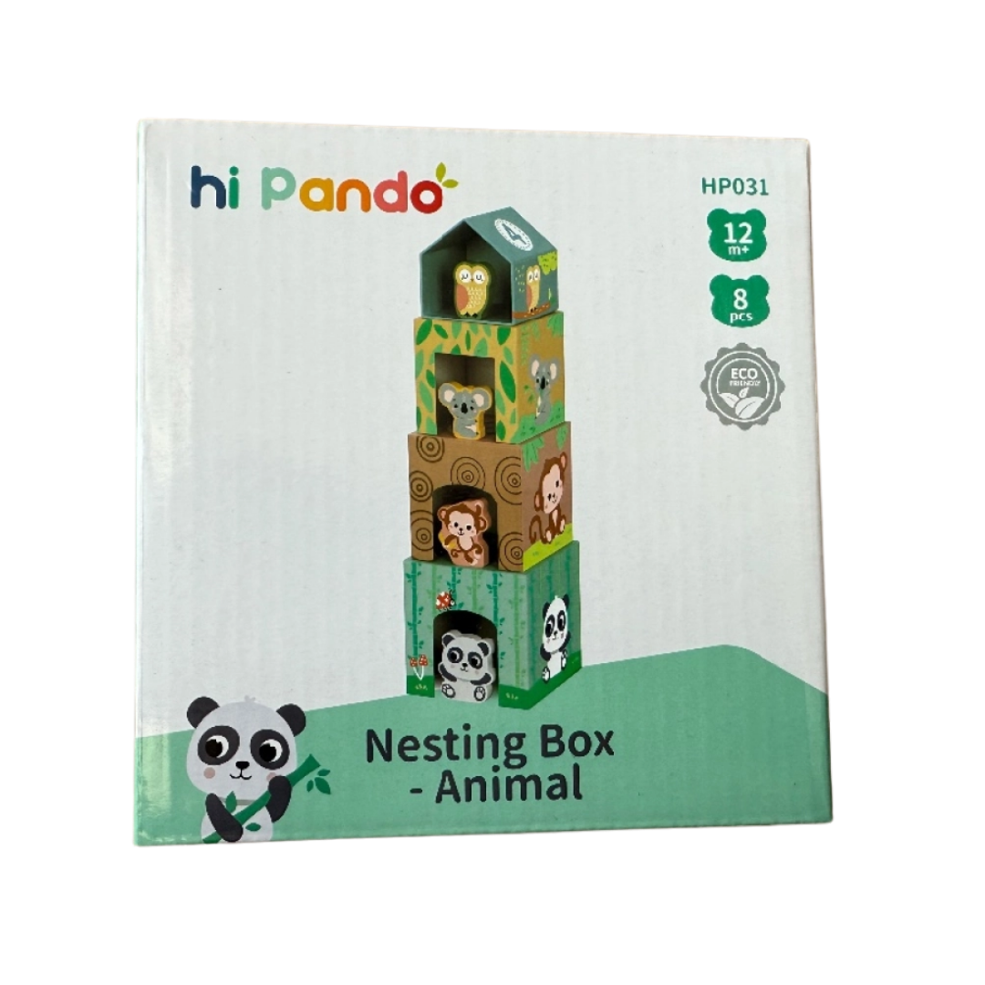 Four colorful animal themed nesting boxes stacked into a tower with a wooden panda, monkey, owl, and koala figure.