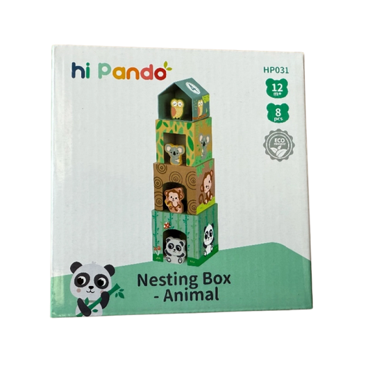 Four colorful animal themed nesting boxes stacked into a tower with a wooden panda, monkey, owl, and koala figure.