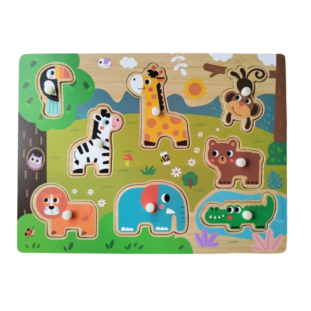A wooden peg puzzle featuring colorful wild animals like a lion, elephant, and zebra with easy-to-grip knobs for toddlers.