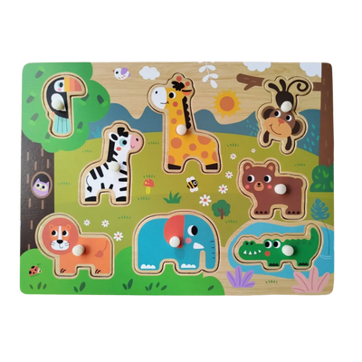 A wooden peg puzzle featuring colorful wild animals like a lion, elephant, and zebra with easy-to-grip knobs for toddlers.