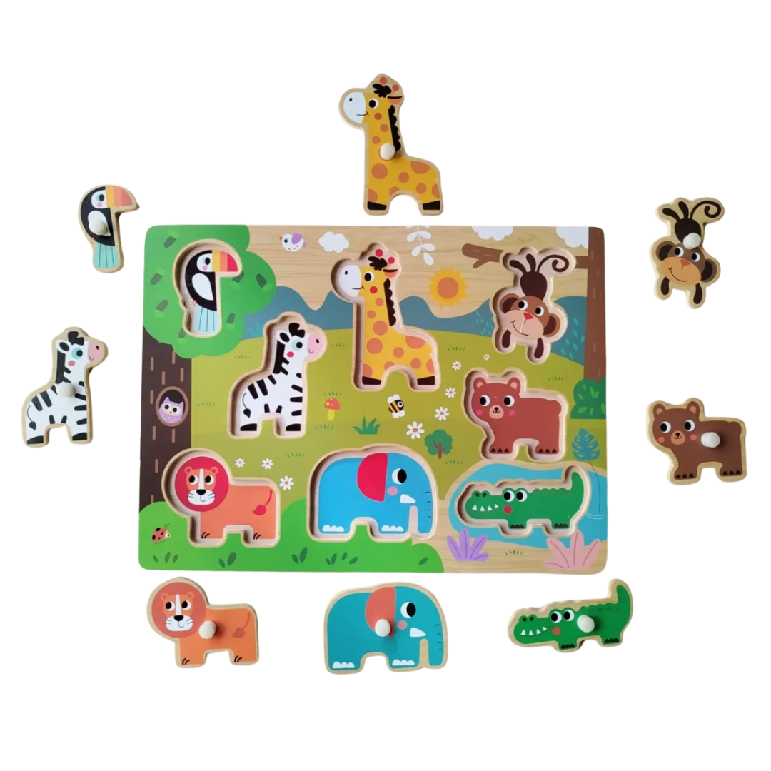 A wooden peg puzzle featuring colorful wild animals like a lion, elephant, and zebra with easy-to-grip knobs for toddlers.