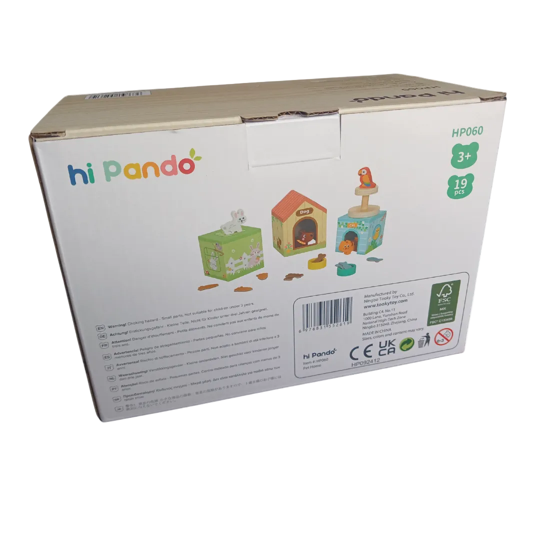 Three colorful wooden pet houses stacked with a wooden toy dog, cat, and rabbit sitting in front.