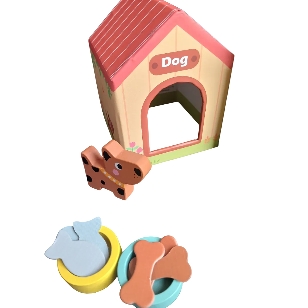 Three colorful wooden pet houses stacked with a wooden toy dog, cat, and rabbit sitting in front.