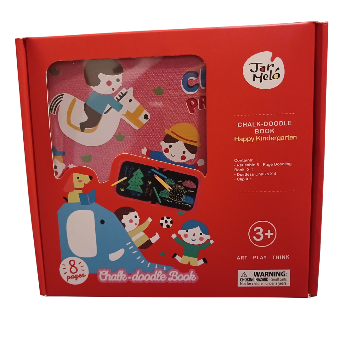 Red box containing the Jar Melo Chalk Doodle Book: Happy Kindergarten. Shows 8 reusable pages, 4 dustless chalks, and cartoon kids playing.
