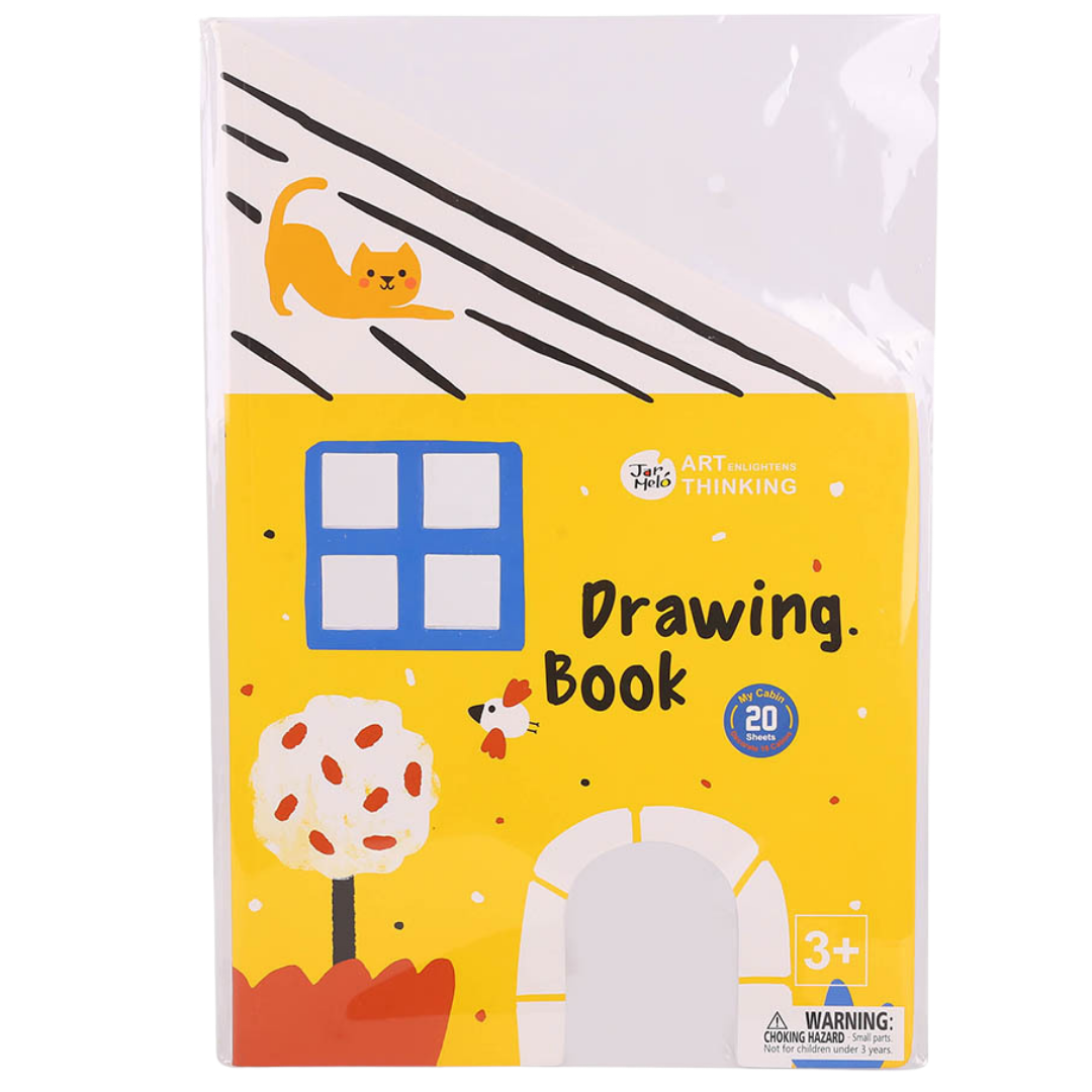 Jar Melo Drawing Book with a 'My Cabin' cover design featuring a yellow house, a tree, and a small orange cat. Recommended for ages 3+.