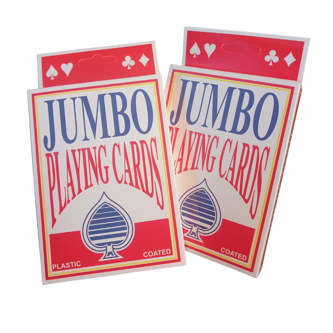 Two decks of Jumbo Playing Cards in red and white packaging with large spade logo