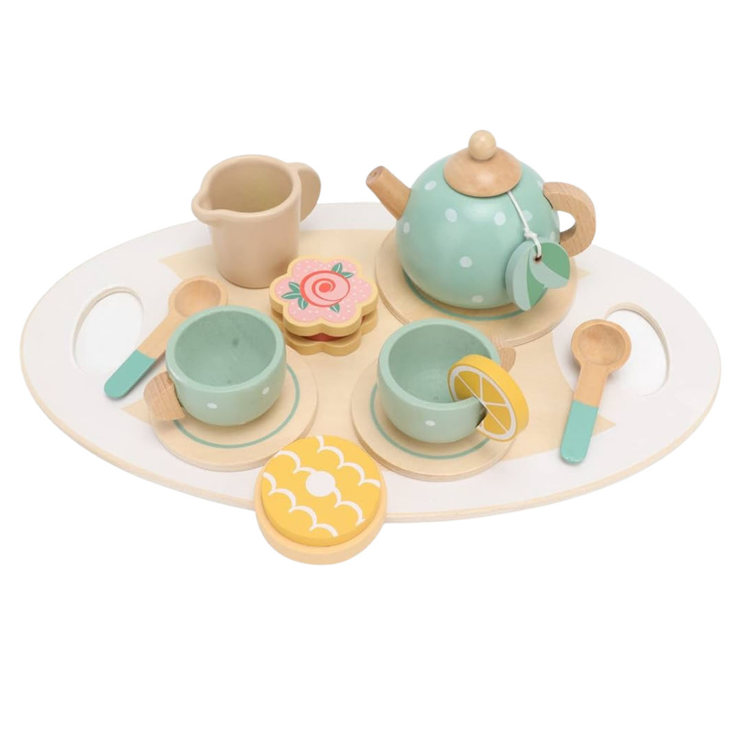 Wooden toy tea set with teapot, cups, and cookies on a white background