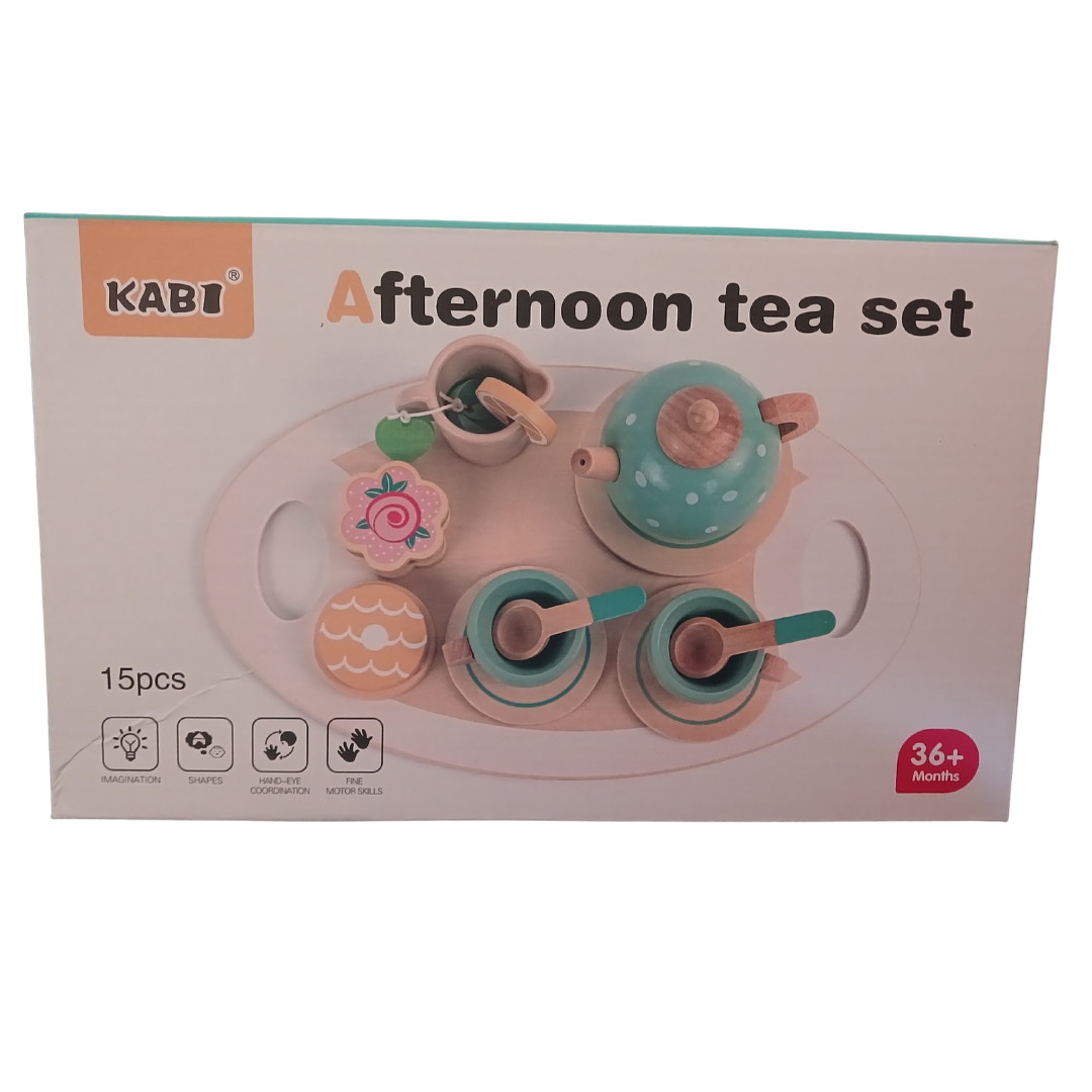 KABI Afternoon Tea Set, showing a wooden teapot, cups, spoons, and cookies on a tray. The box indicates 15 pieces and an age of 36+ months.