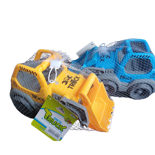 Two bright plastic Kinetic Trucks in mesh bags: one yellow front loader and one blue dump truck, designed for kinetic and sand play.