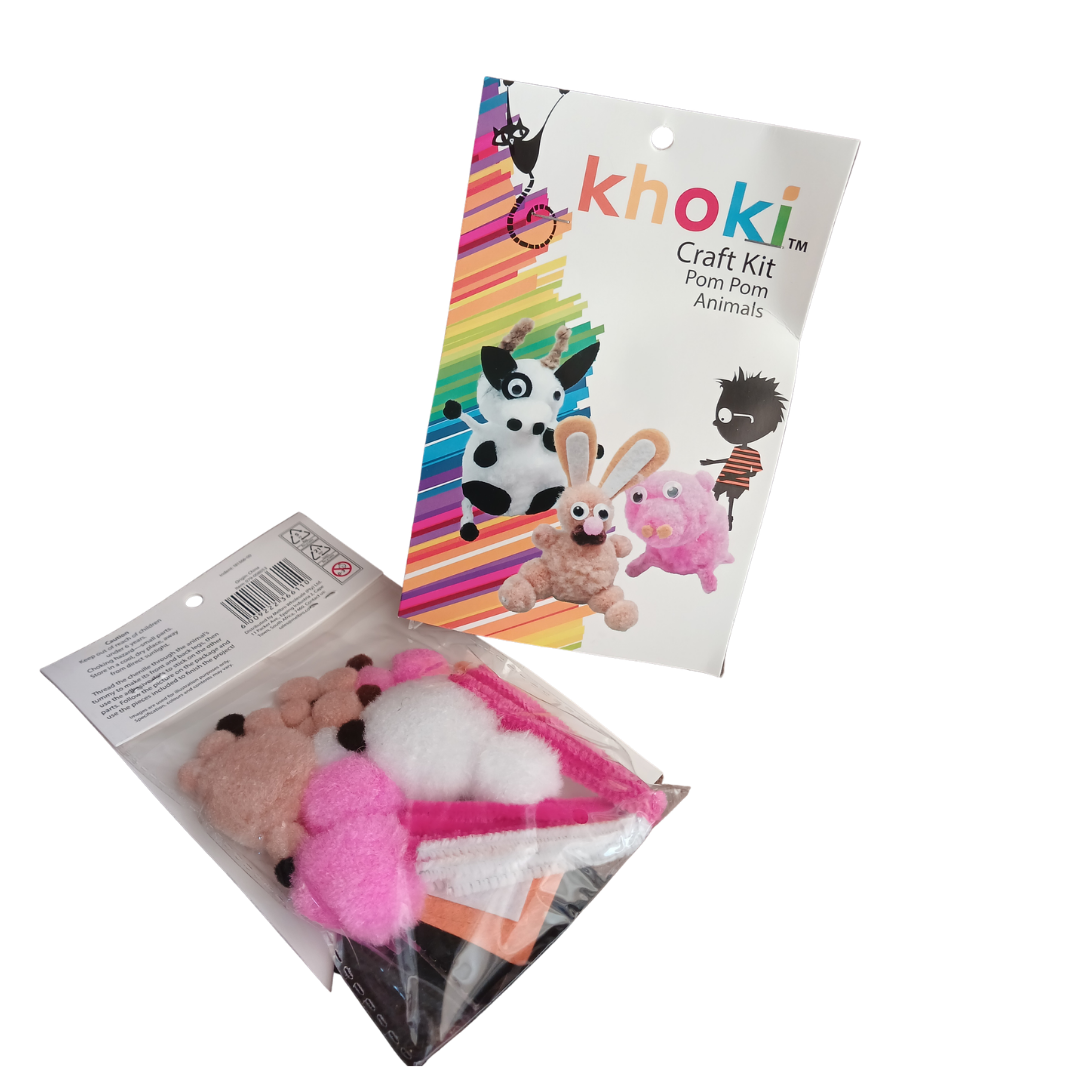 Khoki Craft Kit Pom Pom Animals packaging showing finished cow rabbit and pig crafts alongside materials pouch