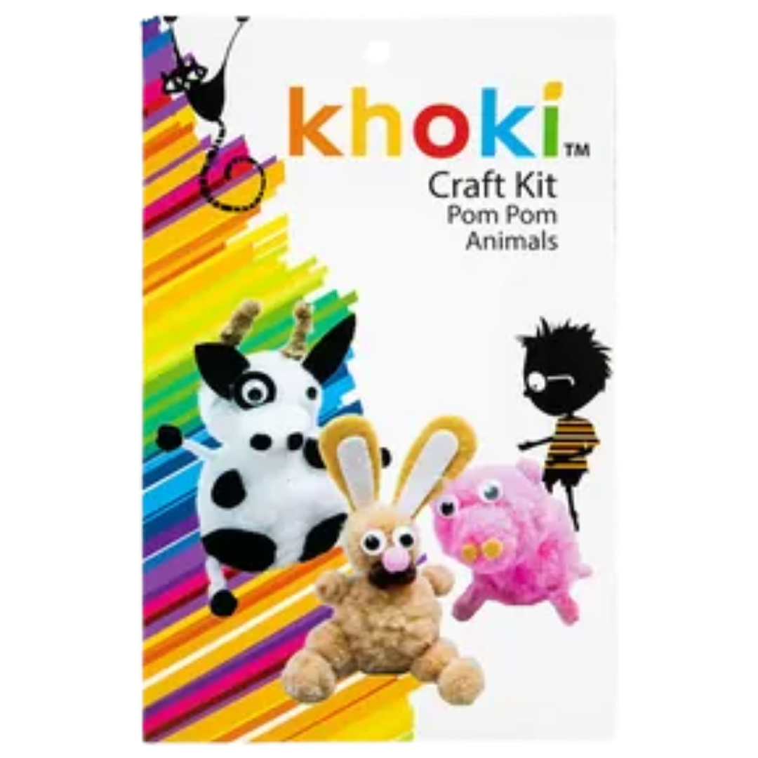 Front cover design of Khoki Craft Kit Pom Pom Animals package displaying colorful animal figures
