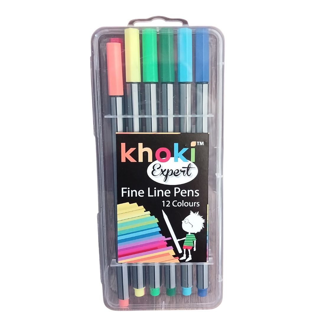 Front view of Khoki Expert 12 pack fine line pens in a clear hard plastic case