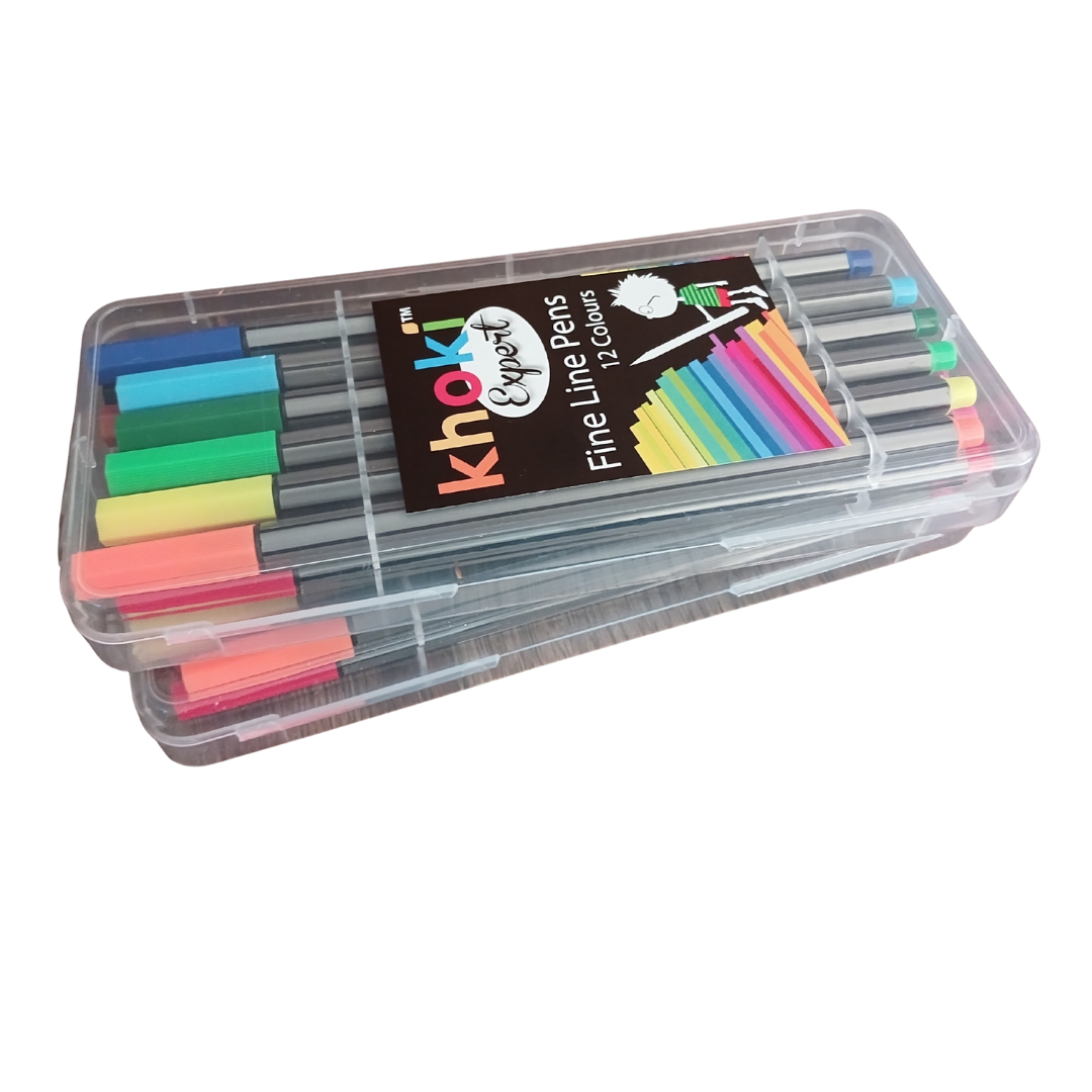 Stack of closed Khoki Expert fine line pen sets showing packaging and transparent case