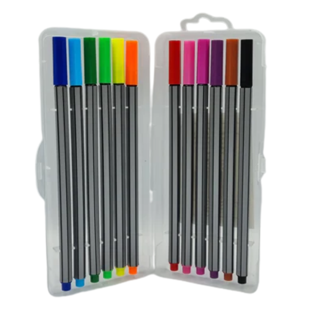 Open plastic case displaying 12 colorful Khoki Expert fine line pens sorted by shade