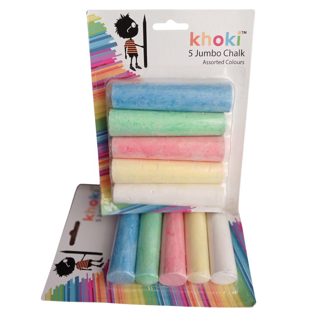 Khoki 5 Jumbo Chalk featuring five thick sticks of chalk in white, yellow, pink, green, and blue resting on a dark surface.
