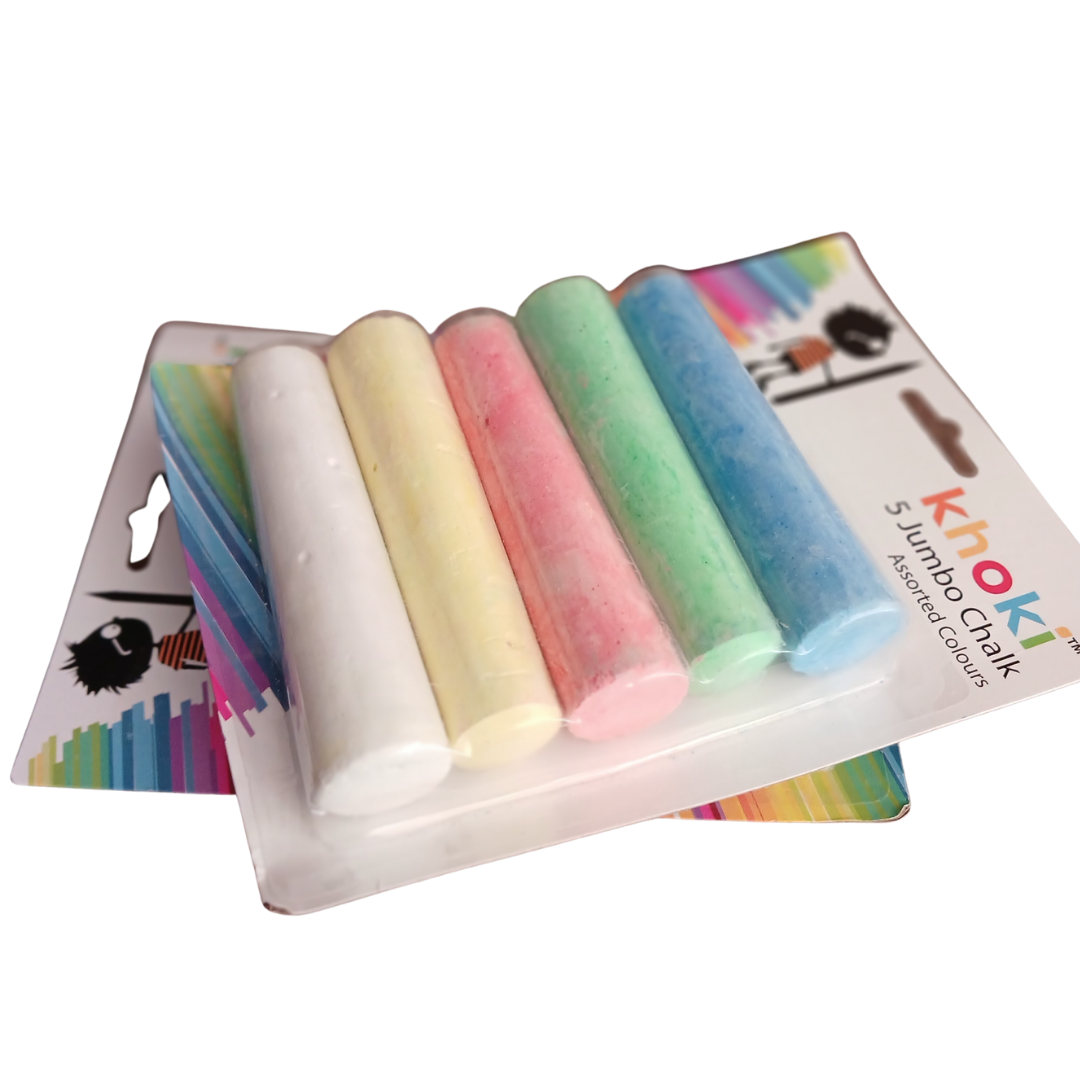 Khoki 5 Jumbo Chalk featuring five thick sticks of chalk in white, yellow, pink, green, and blue resting on a dark surface.