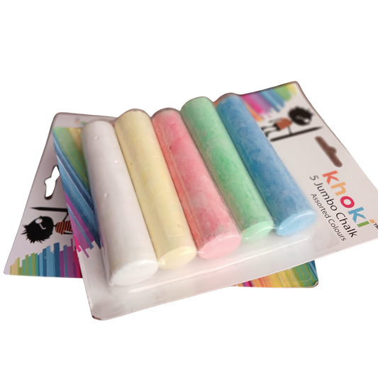 Khoki 5 Jumbo Chalk featuring five thick sticks of chalk in white, yellow, pink, green, and blue resting on a dark surface.