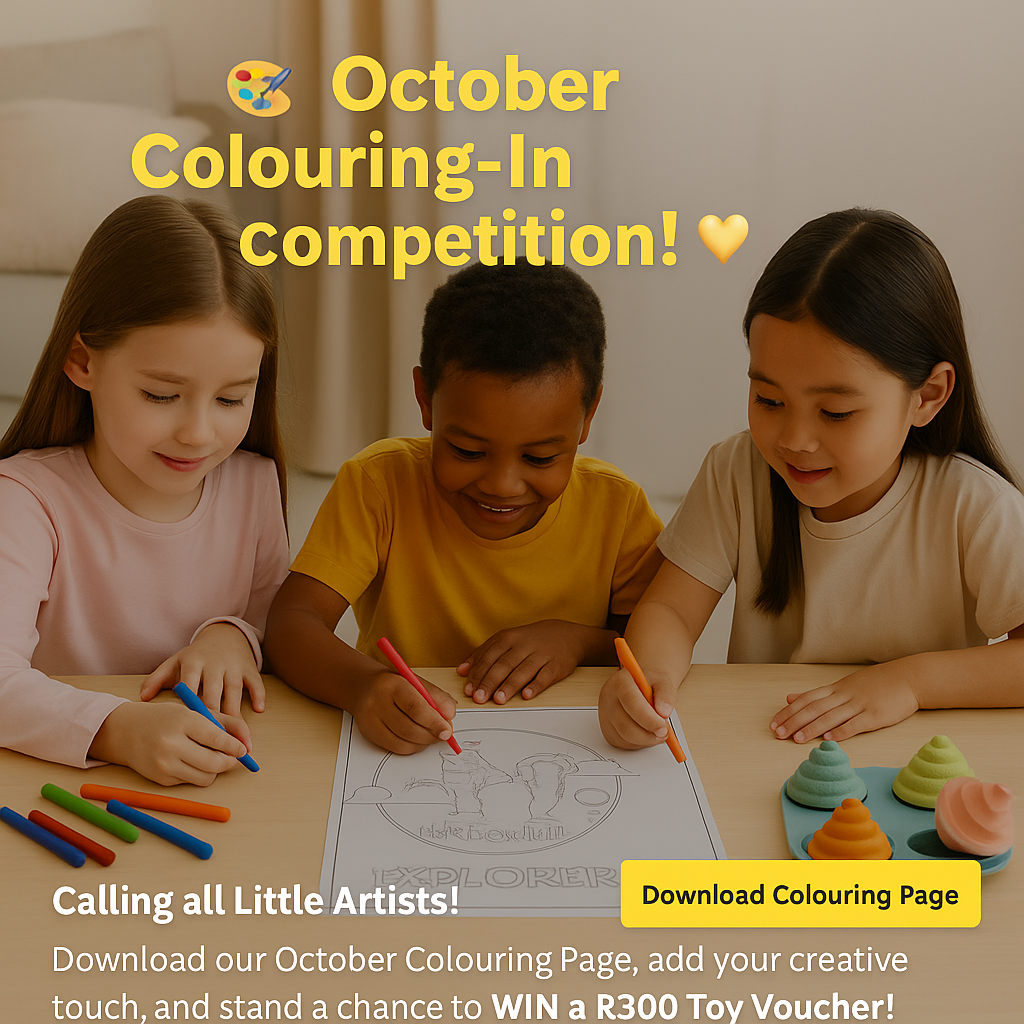 Children coloring a picture with crayons, promoting an October Colouring-In competition.