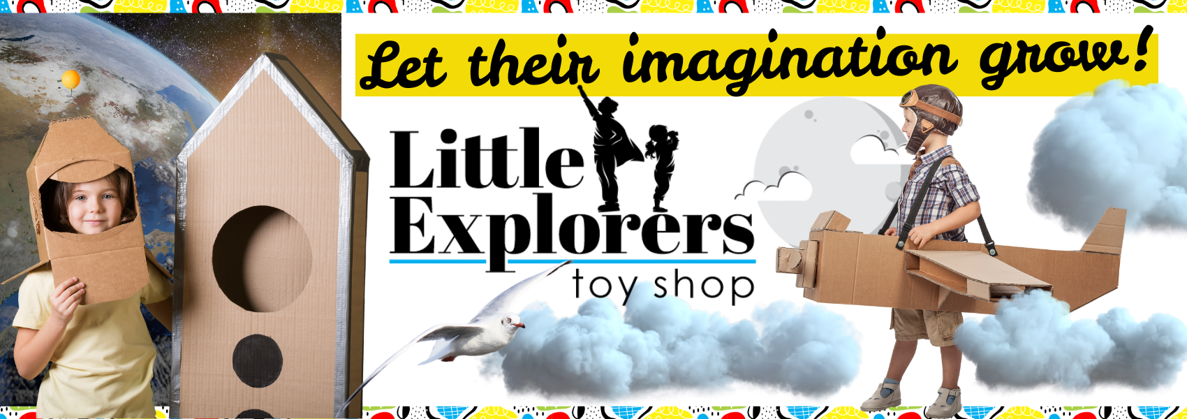Promotional banner for Little Explorers toy shop with children playing with cardboard boxes in imaginative scenarios.
